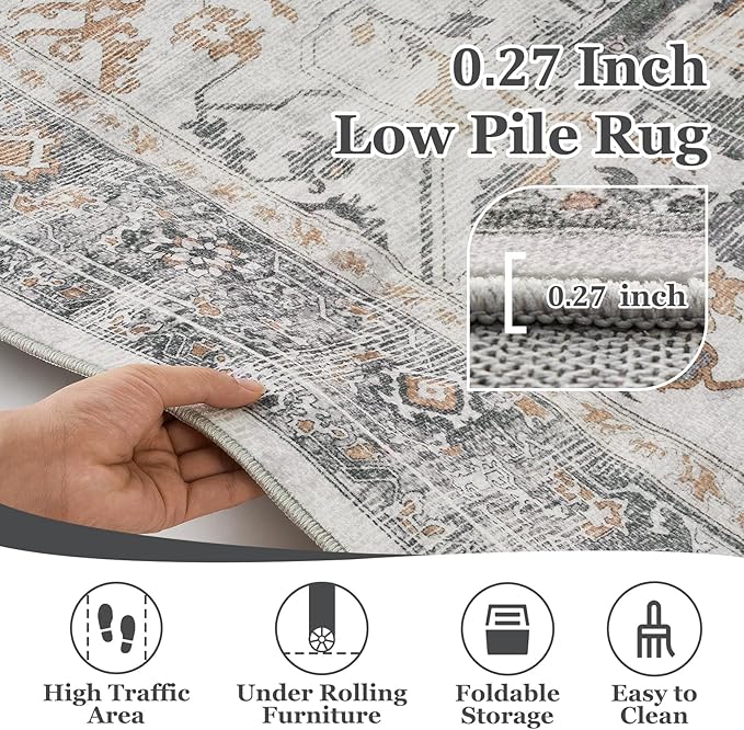 Large Farmhouse Area Rugs 9x12 for Living Room, Distressed Medallion Printed Big Carpet Rugs for Bedroom Under Bed, Washable Non Slip Low Pile Thin Rugs for Dining Room, Grey/Orange-Brown