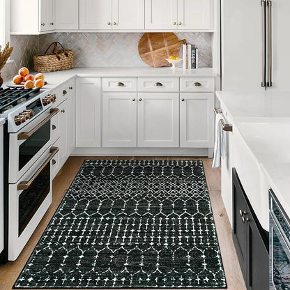 Lahome Moroccan Black Area Rug for Living Room 3x5 Non-Slip Washable Stain Resistant Large Kitchen Rugs Throw Low-Profile Soft Bedroom Carpet Geometric Print Distressed Rug for Entryway Dining Room