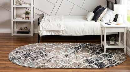 Rugs.com Lattice Frieze Collection Rug – 3' 3 x 5' 3 Oval Blue Multi Medium Rug Perfect for Living Rooms, Large Dining Rooms, Open Floorplans
