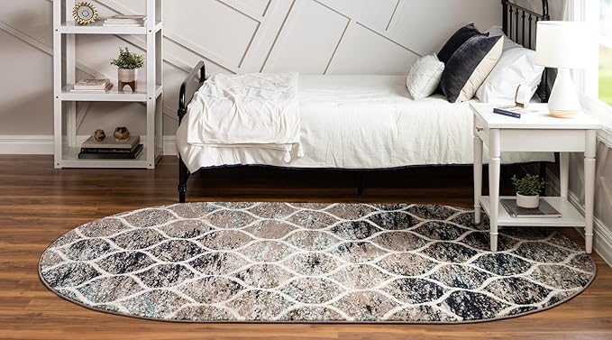 Rugs.com Lattice Frieze Collection Rug – 5' x 8' Oval Blue Multi Medium Rug Perfect for Living Rooms, Large Dining Rooms, Open Floorplans