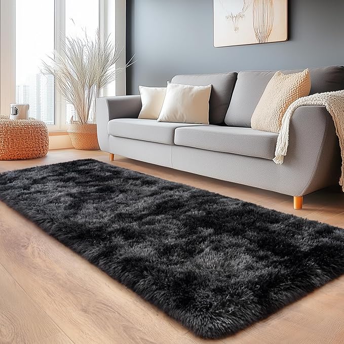 Shaggy Soft Fluffy Rug Plush Rugs Non-Slip Indoor Floor Carpet for Living Room Anti-Skid Indoor Carpet Tie-Dyed Black Grey 2x6Feet