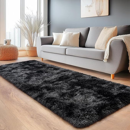 Shaggy Soft Fluffy Rug Plush Rugs Non-Slip Indoor Floor Carpet for Living Room Anti-Skid Indoor Carpet Tie-Dyed Black Grey 2x6Feet