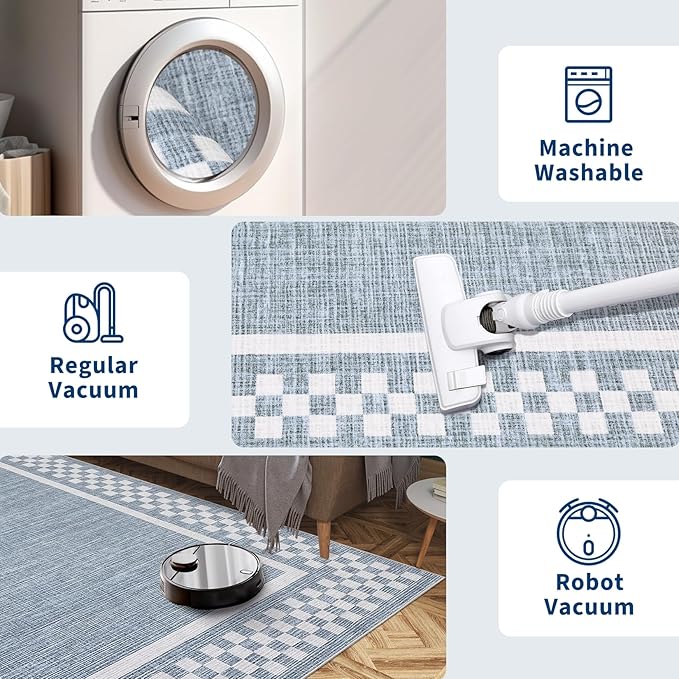 Washable Runner Rug 2x10 Modern Bordered Hallway Runner Rug Non Slip Kitchen Throw Carpet Checkered Bathroom Entryway Runner Rugs Low Pile Solid Area Rugs for Living Room Bedroom Nursery Sink, Blue