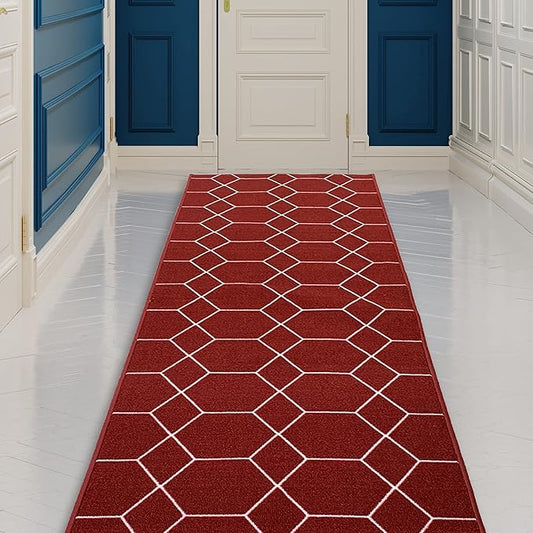 Custom Made Runner Rug for Kitchen Foyer Hallway Entry Choose Your Length Size 26 Inch Wide Geometric Lattice Design Red Color (2 feet x 26 inch)