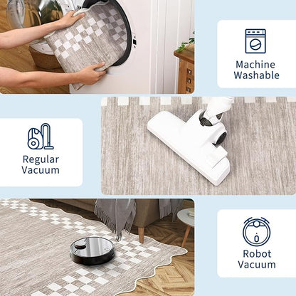 GarveeHome 4x6 Area Rug Small Washable Living Room Rug Scalloped Rug with Rubber Backing Stain Resistant Low Pile Dining Room Throw Carpet Modern Bordered Mat for Bedroom Kitchen, Fog