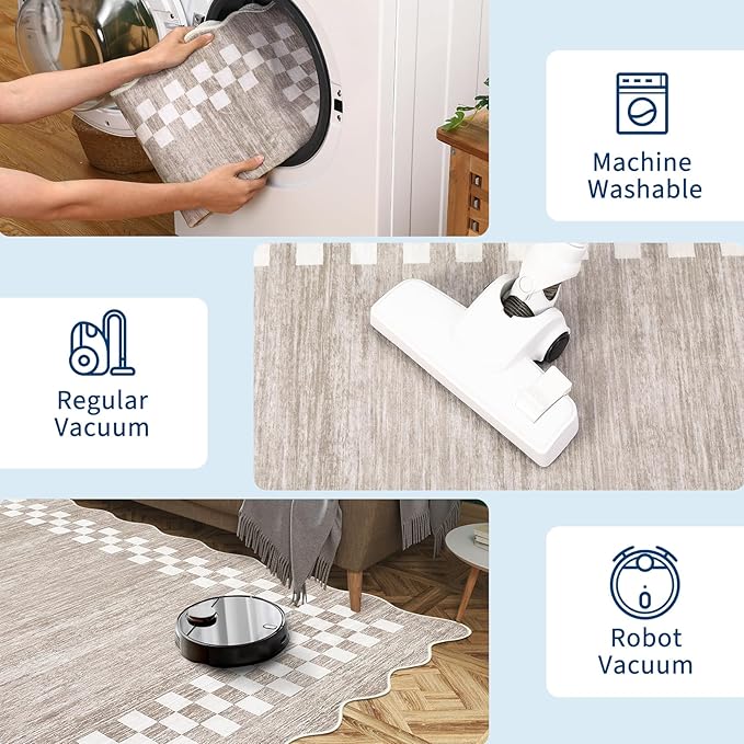 GarveeHome Washable Rug 5x7 for Living Room Large Bedroom Scalloped Rug Non Slip Stain Resistant Modern Border Throw Carpet Soft Boho Rug for Dining Room Nursery Home Office, Fog