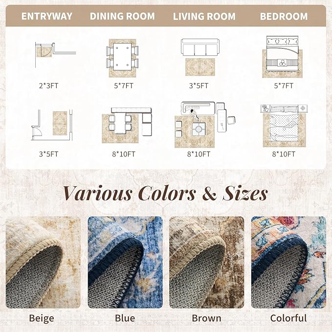 tchdio 2x3 Entryway Rug, Non Slip Front Door Mat Small Washable Rugs, Soft Low Pile Small Area Rug Vintage Doormat, Stain Resistant Rug for Entrance, Kitchen (Beige, 2'x3')