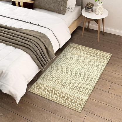 Moroccan Washable Rug for Bedroom, 2x3 Tan Distressed Door Mat Non Slip Kitchen Rug, Low-Pile Soft Faux Wool Floor Carpet for Entryway Kitchen Bathroom Bedroom