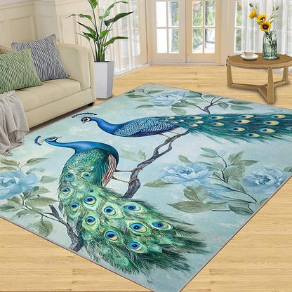 Peacock Rugs for Living Room - 4x5 Rug, Classic Peacock Floral Area Rugs for Bedroom, Teal Turquoise Rug, Modern Style Washable Carpet, Aesthetics Carpet - Peafowl Home Decor & Gifts