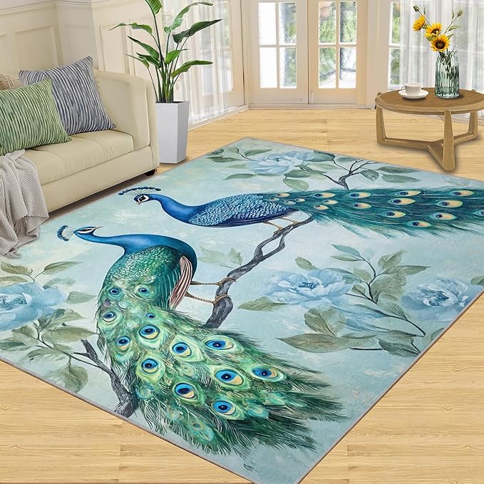 Peacock Rugs for Living Room - 4x6 Rug, Classic Peacock Floral Area Rugs for Bedroom, Teal Turquoise Rug, Modern Style Washable Carpet, Aesthetics Carpet - Peafowl Home Decor & Gifts