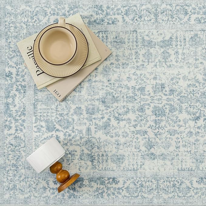 Blue Area Rug 5x8 Machine Washable Vintage Living Room Distressed Non Slip Carpet Traditional Indoor Bedroom Retro Floral Accent Throw Large Rug Office Kitchen Bathroom Dining Room