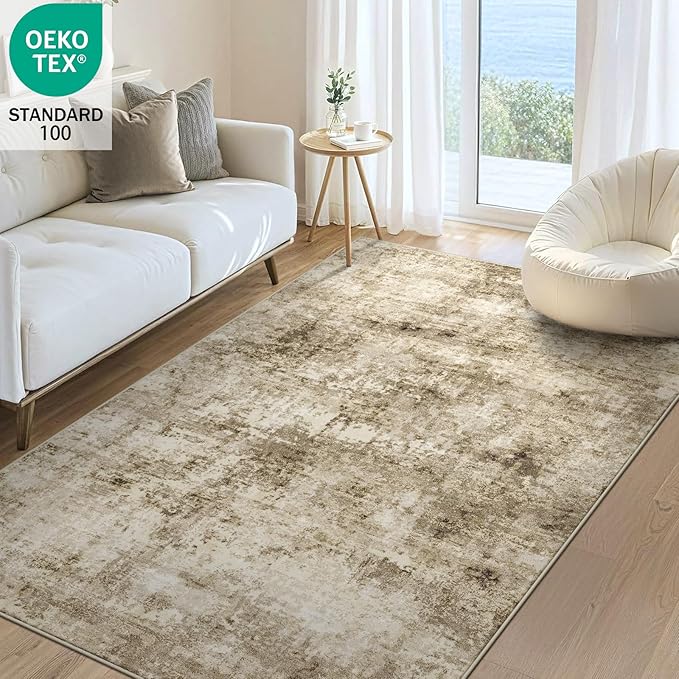 4x6 Machine Washable Area Rug for Living Room, Brown Modern Vintage Abstract Rug Large Non-Slip Low Pile Soft Faux Wool Carpet, Kids and Pets Friendly for Bedroom Dining Room Farmhouse Home Decor Rug