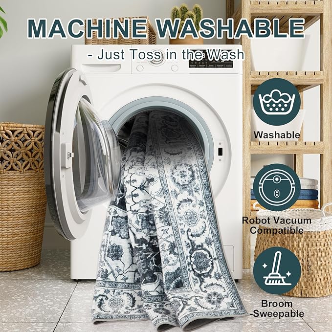 WILLSUN Washable Area Rugs, 8x10 Non-Slip Boho Large Area Rugs for Living Room, Bedroom, Machine Washable Vintage Rug, Indoor Floral Print Carpet for Home Decor, Kid & Pet Friendly Mat