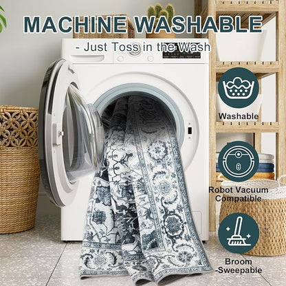 WILLSUN Washable Area Rugs, 2x6 Non-Slip Boho Area Rugs for Kitchen, Living Room, Bedroom, Machine Washable Vintage Rug, Indoor Floral Print Carpet for Home Decor, Kid & Pet Friendly Mat