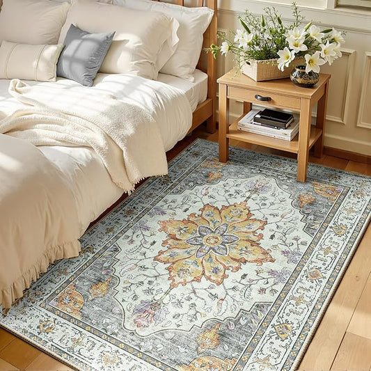 Area Rugs 3'x5' Washable Non-Slip, Floral Vintage Distress Print Pattern Medallion Carpet for Living Room Bedroom Dining Room, Light Yellow Carbon Grey Orange