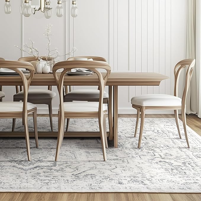 Farmhouse Distressed 8x10 Rugs for Living Room Bedroom, Washable Non Slip Dining Room Rugs for Under Table, Low Pile Thin Soft Carpet Medallion Pattern Printed Boho, Off White/Grey