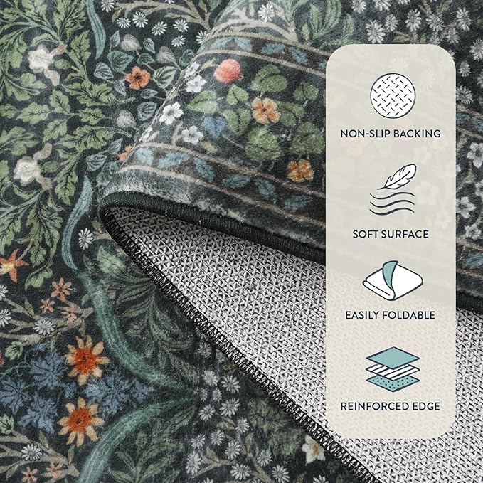 Lahome Floral Washable Round Area Rug, Soft Round Rugs 6ft Ultra-Thin Non-Slip, Boho Stain Resistant Large Circle Carpet for Bedroom Living Room Kitchen Nursery, Dark Green