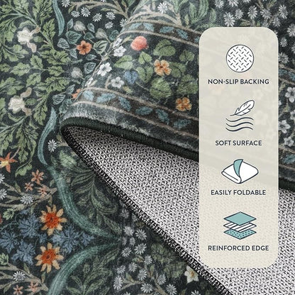 Lahome Floral Washable Round Area Rug, Soft Round Rugs 6ft Ultra-Thin Non-Slip, Boho Stain Resistant Large Circle Carpet for Bedroom Living Room Kitchen Nursery, Dark Green
