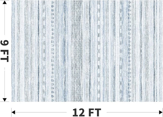 9x12 Area Rugs for Living Room Machine Washable Rug Distressed Indoor Carpet Neutral Moroccan Boho Rug Ultra Soft Area Rug for Bedroom Dining Room Playroom Office, Blue