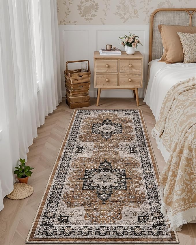 DEXI Hallway Runner Rug 3x8, Distressed Non Slip Runners Carpet, Boho Vintage Soft Thin Indoor Rug, Stain Resistant Washable Entry Mat for Entryway Kitchen Laundry Room Living Room, Brown