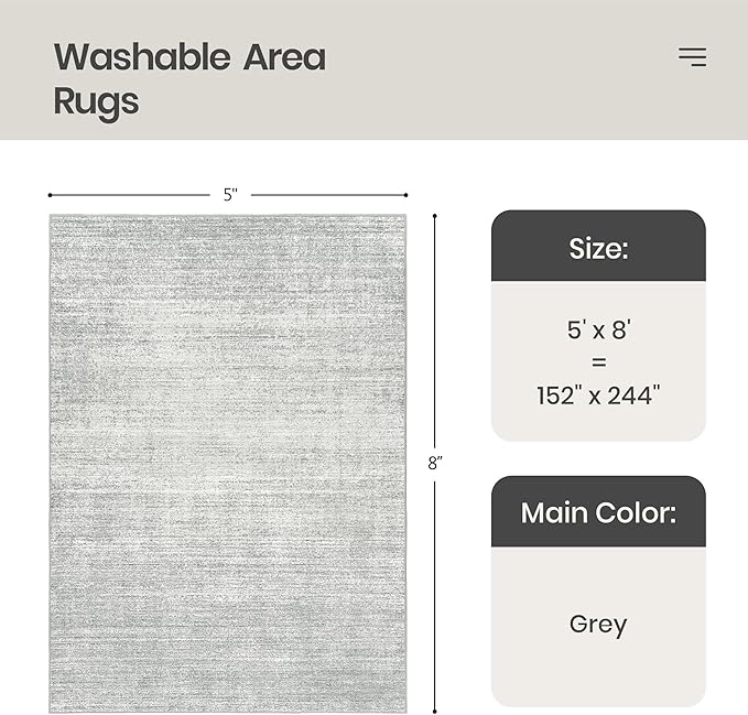 Valenrug Washable Rugs 5x8 - Stain Resistant 5x8 Area Rugs for Living Room, Non Slip Backing Printed Rugs for Bedroom, Folable Machine Washable Area Rug (5'x8', Grey)