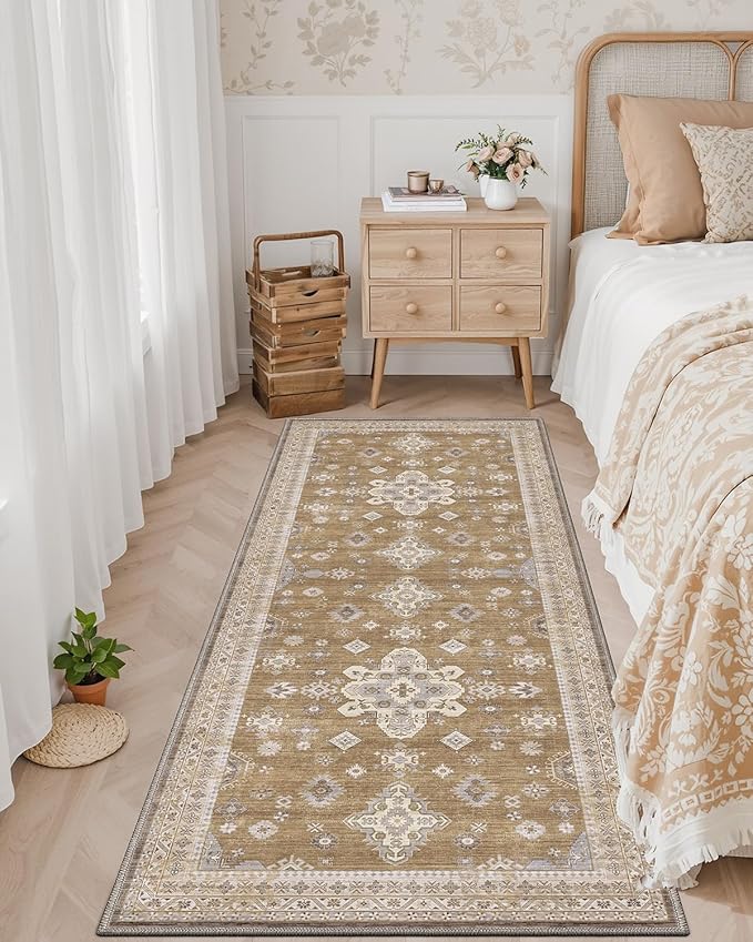 DEXI Hallway Runner Rug 3x10, Distressed Non Slip Runners Carpet, Boho Vintage Soft Thin Indoor Rug, Stain Resistant Washable Entry Mat for Entryway Kitchen Laundry Room Living Room, Light Brown