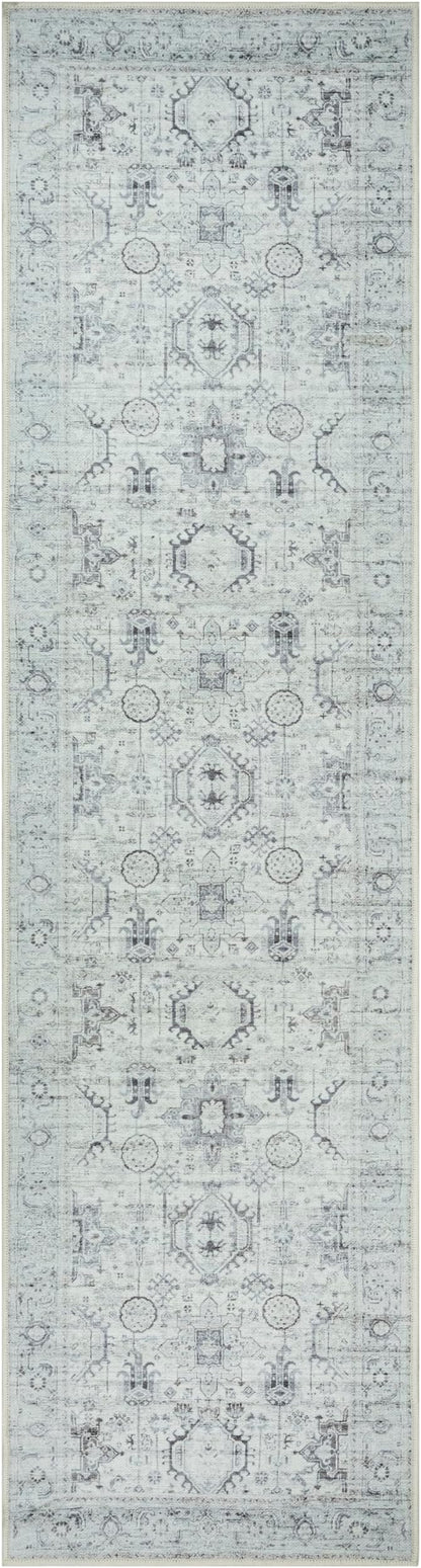 GLN Rugs Traditional Collection - Machine Washable Area Rug, Traditional Washable, Non Slip, Low Pile Chenille Rug, Living Room, Bedroom, Kitchen Rug (2'6" x 10' Cream/Gray/Sea Salt)