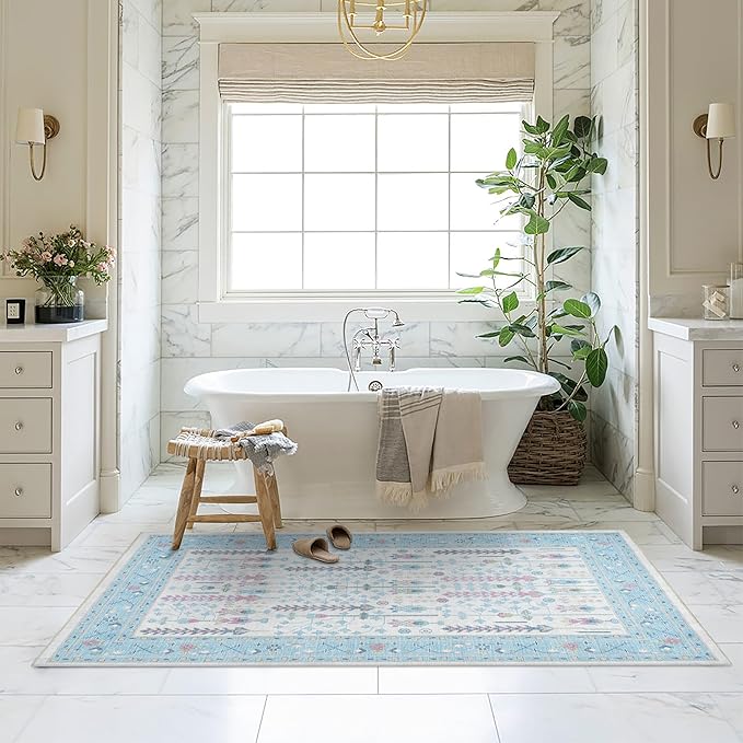 Fame Living Cream Blue Oushak Rug, Modern Small Rugs, Vintage, Turkish, Eclectic, Floral, Pastel, Washable, Door Mat, Doormat for Indoor Entrance, Entryway, Kitchen, Bathroom, Bedroom, Laundry, 2'x3'