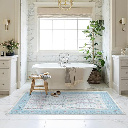 Fame Living Cream Blue Oushak Rug, Modern, Vintage, Turkish, Eclectic, Floral, Pastel, Washable, Area Rugs for Living Room, Dining, Bedroom, Office, Entryway, Foyer, Playroom, Nursery, 5'x6'9"