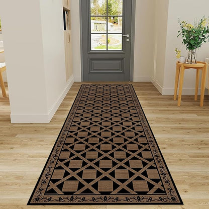 Minimalist Checkered Runner Rug, 2x8ft, Brown Checkerboard Floor Mat, Floral Print Hallway Kitchen Runners Rugs, Washable Breathable Reduce Noise Room Decor Carpet for Bedroom Foyer