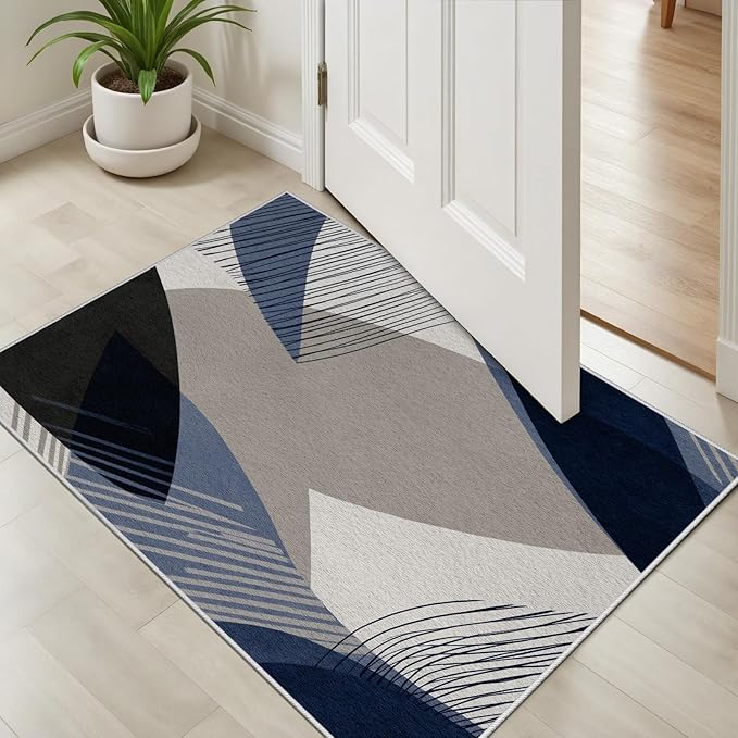 Abstract Art Line Living Room Area Rugs 6x8, Modern Boho Geometric Print Soft Rug, Minimalist Washable Non Slip Neutral Carpet for Bedroom, Dining Room Office Playroom, Navy Blue Gray