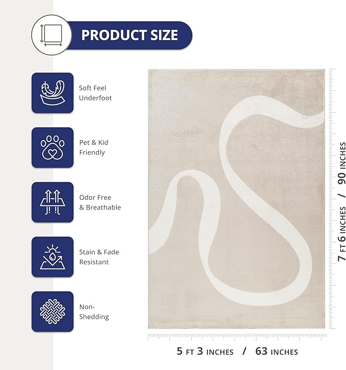 Abani Deco Collection Area Rug - Beige Modern Abstract Ribbon Design - 5' x 8' - for Living Room, Bedroom & Office