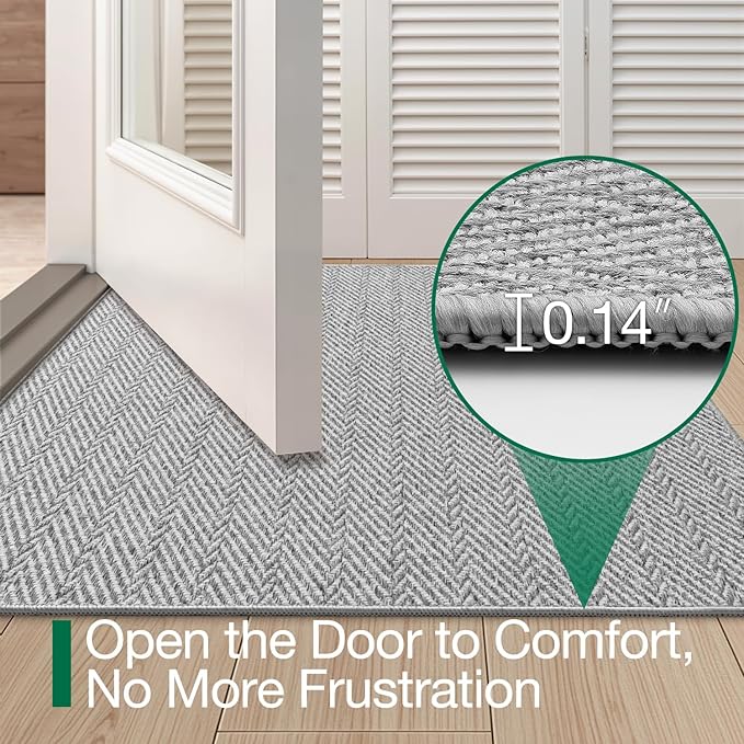LUMI Ultra Thin Indoor Door Mat for Entrance 32"x48", Non Slip Entryway Mat, Low Profile Doormat, Unique Herringbone Design Carpet for Inside, Patio, Porch, Gray