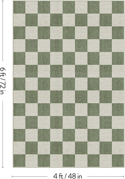 LIVEBOX 4x6 Washable Area Rug Checkered, Non-Slip Small Entryway Rug Green Farmhouse Neutral Classic Geometric Boys Rug for Bedroom Living Room Low-Pile Carpet for Indoor Kitchen(Sage Green 4'x6')