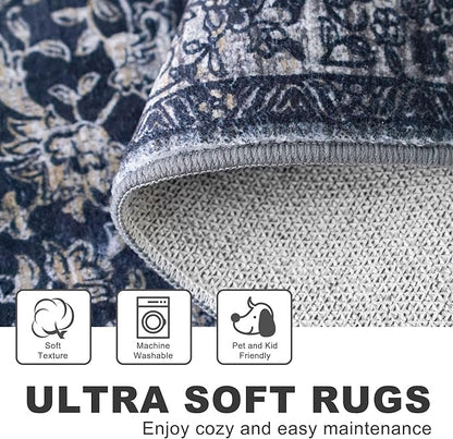 KILOCOCO Area Rug 3x5 Entryway Rug Washable Printed Vintage Floral Rubber Backed Non Slip Indoor Kitchen Rugs for Living Room Laundry Room Playroom Mudroom Moroccan Area Rugs, Navy/Charcoal