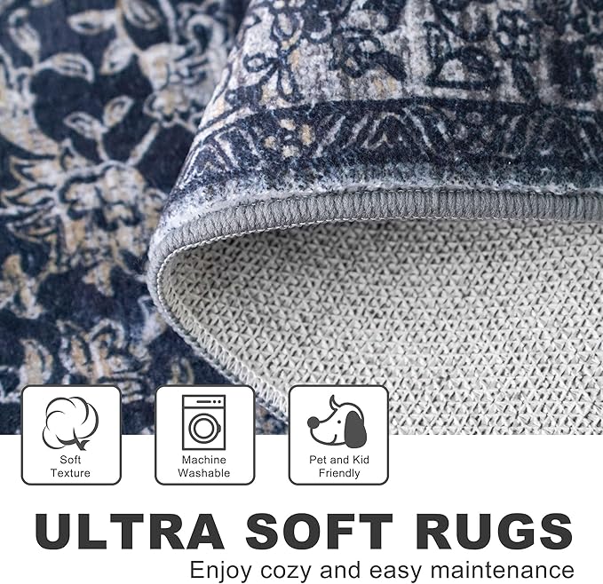 KILOCOCO Area Rug 5x7 Living Room Rug Washable Printed Vintage Floral Non Slip Soft Rubber Backed Indoor Bedroom Rugs for Laundry Room Kitchen Playroom Moroccan Area Rugs, Navy/Charcoal