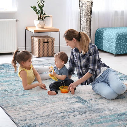 Abstract 9x12 Area Rug Washable Soft Large Non-Slip Carpet for Living Room Dining Room Home Office Bedroom - Abstract Teal/Grey