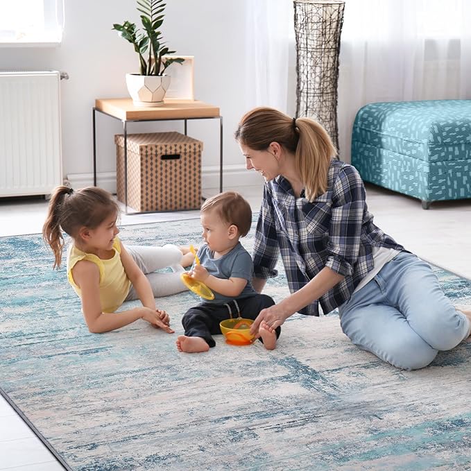 Abstract 6x9 Area Rug Washable Soft Non-Slip Carpet for Living Room Dining Room Bedroom Home Office - Abstract Teal/Grey