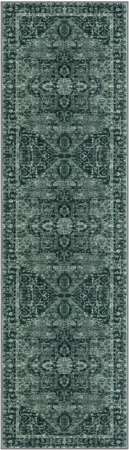 KOZYFLY Long Runners for Hallways 3x10 Ft Washable Kitchen Rug Faux Wool Printed Stair Runner Floor Carpet for Bedroom Entryway Stairs Kitchen Hall Indoor Use, Dark Green