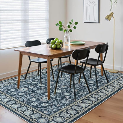 LIVEBOX Washable Area Rug 8x10 - Large Blue Boho Living Room Rug Vintage Rugs for Bedroom, Non-Slip Retro Floral Carpet Print Distressed Accent Rugs for Dining Room Home Office