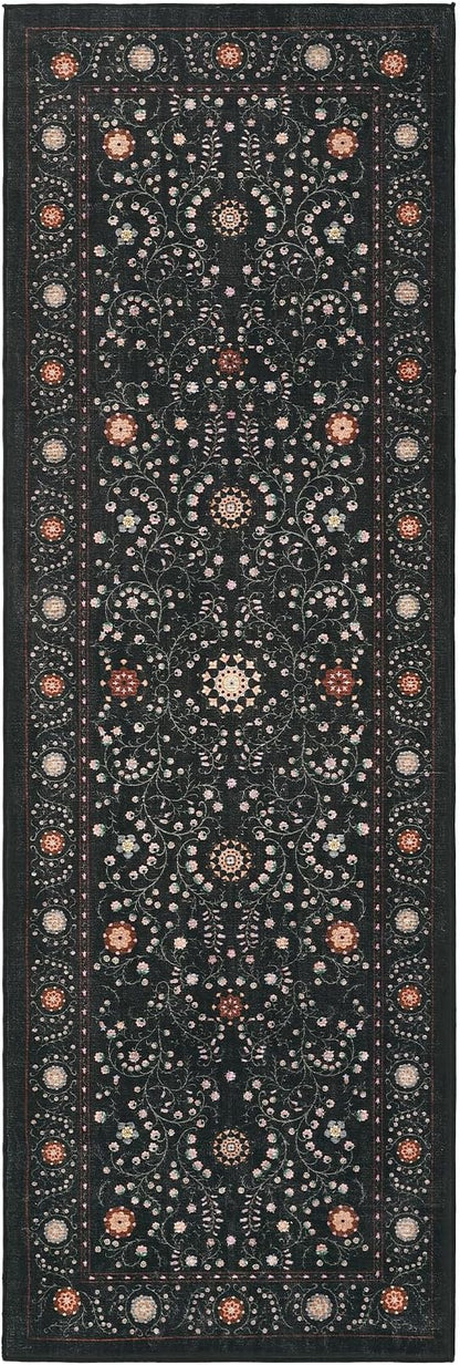 GarveeHome Boho 2x6 Runner Rug for Hallways Non Slip, Vintage Botanical Kitchen Rugs Washable Area Rug for Entryway Stain Resistant, Low Pile Soft Runner Black Carpet for Bedroom Floor Laundry Room
