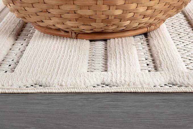 CAMILSON Modern Rug 8x10 Luxury Striped Line Micro Loop Area Rugs Soft High-Low Pile Stain Resistant Easy to Clean Non-Shedding Durable Living Room Kitchen Indoor Carpet (White)