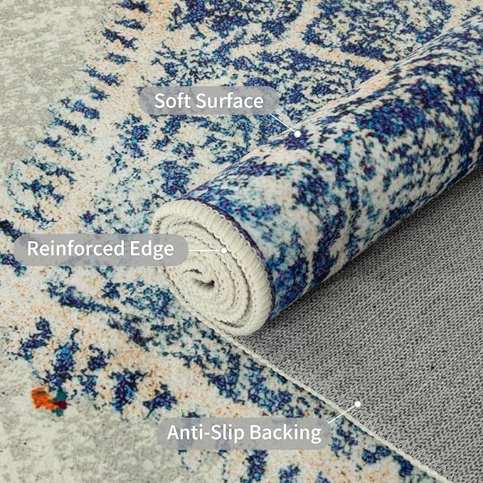 Easy-Going Boho Area Rug 2x3 Washable Entryway Rugs Front Door Mat Indoor Entrance Non-Slip Vintage Distressed Small Entry Rug for Living Room Kitchen Bathroom Office Lightweight Carpet, Blue Cream