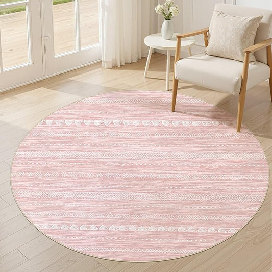 Nakagishi Round Rug Kitchen Washable Rugs: 5x5 Non-Slip Boho Soft Modern Stain Resistant Indoor Floor Neutral Farmhouse Throw Carpet for Hallway Bathroom Laundry Room Entryway Bedroom- Pink