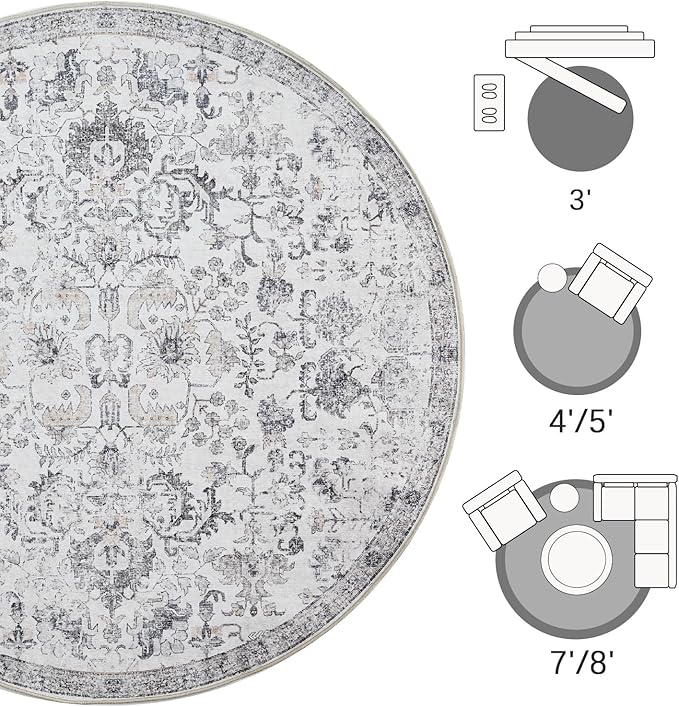 jinchan Kalen Round Rug 7ft Area Rug Washable Vintage Indoor Retro Floor Cover Distressed Gray Floral 7' Round Circle Boho Non Slip Thin Carpet for Living Room Dining Room Bedroom Kitchen Grey