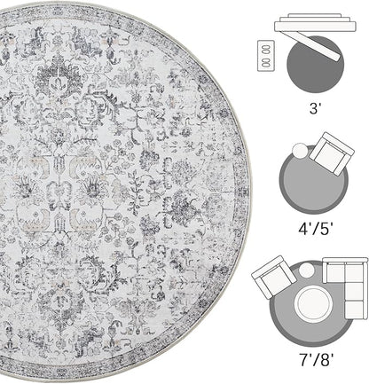jinchan Kalen Round Rug 8ft Area Rug Washable Vintage Indoor Retro Floor Cover Distressed Gray Floral 8' Round Circle Boho Non Slip Thin Carpet for Living Room Dining Room Bedroom Kitchen Grey