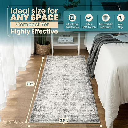 Istana Hallway Runner Rug 2.5x8 – White Cream/Grey Entryway Rug -Silk's Soft Touch Runners for Hallways - Stylish Kitchen Runner Rug Non Slip