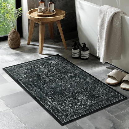 Distressed Black Kitchen 2x3 Rugs Non Slip Washable, Vintage Medallion Pinted Dark Door Mat Indoor Entrance Entryway, Small Low Pile Rugs for Bathroom Vanity/Laundry Room/Bedroom