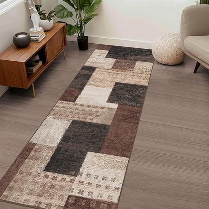 Modern Geometric Patchwork Indoor Runner Rug for Living Room, Chocolate 2.7'x 8' Rug Rockwood Collection Hardwood Floors Decor for Bedroom, Brown Throw Carpet for Office Entryway Dining Room