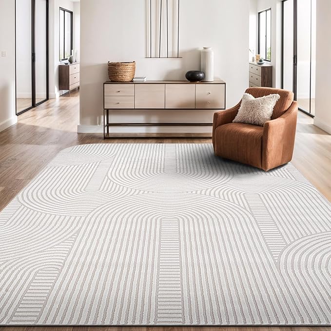 Beverly Rug Modern Geometric Area Rug 5x7 Low-High Pile Durable Soft Abstract Semi-Circles Indoor Rugs for Living Dining Room Office Stain Resistant Non Shedding Indoor Carpet Beige White 5 x 7